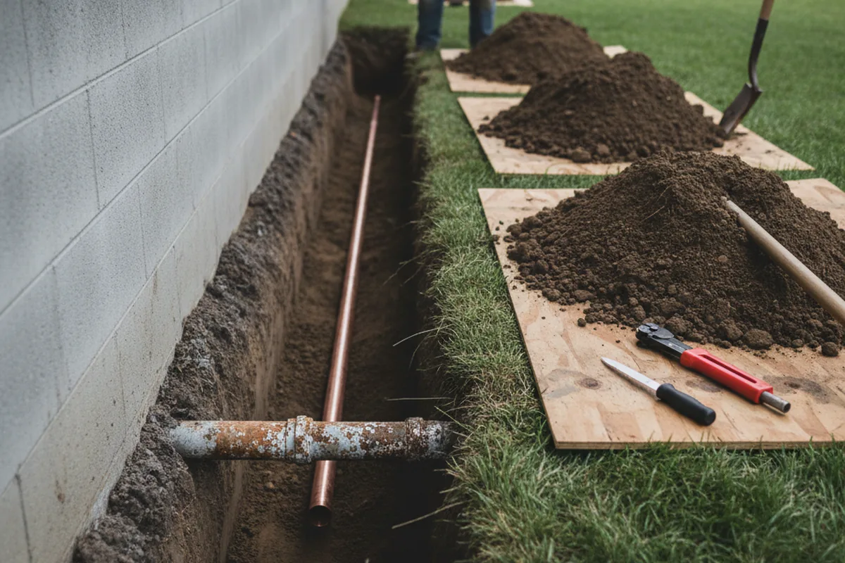 Excavated water line trench during Water Softener Installation in Oak Harbor